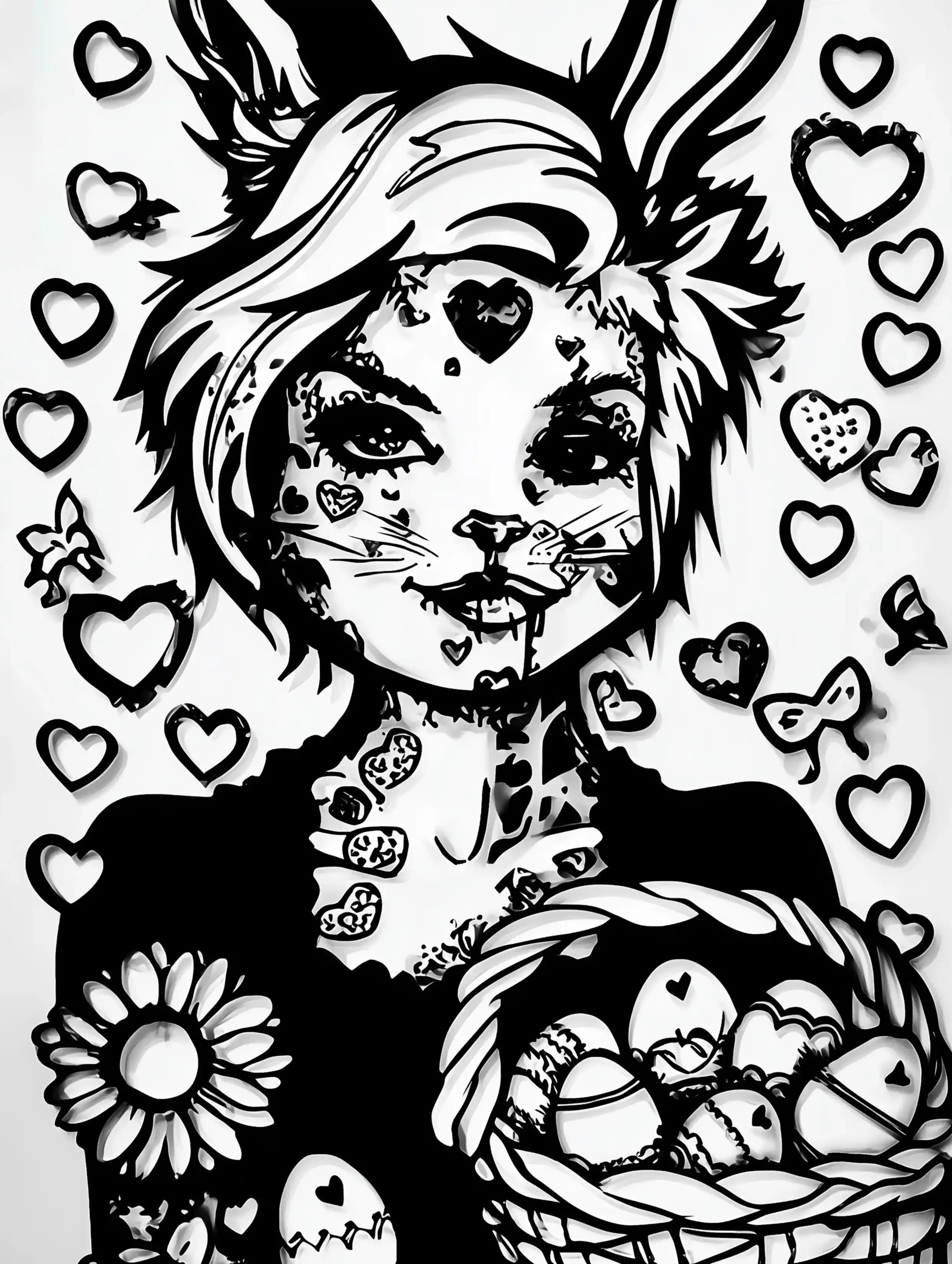 Free printable rabbit coloring page for adults featuring a bunny zombie with an easter basket